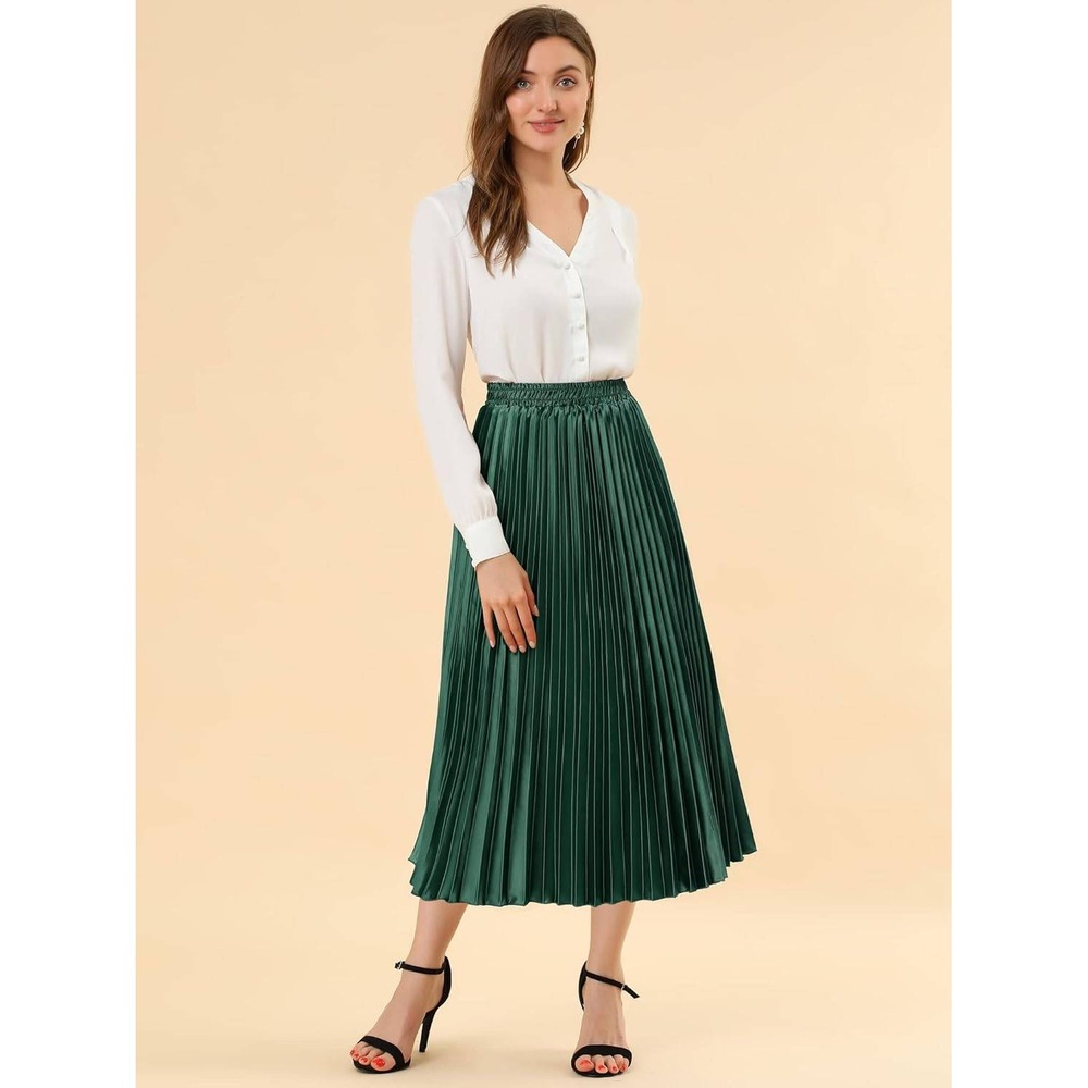 Allegra K Women's Pleated Midi Skirt Elastic Waist A-Line Emerald Green NWT M